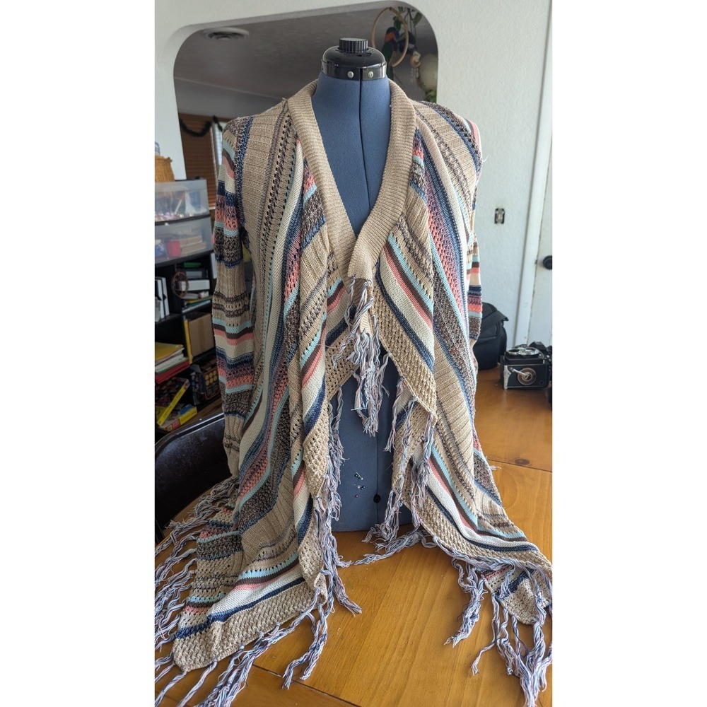 Y2k Almost Famous  Oversized Sweater Women's Tan‎ Multi Stripe Fringe Small